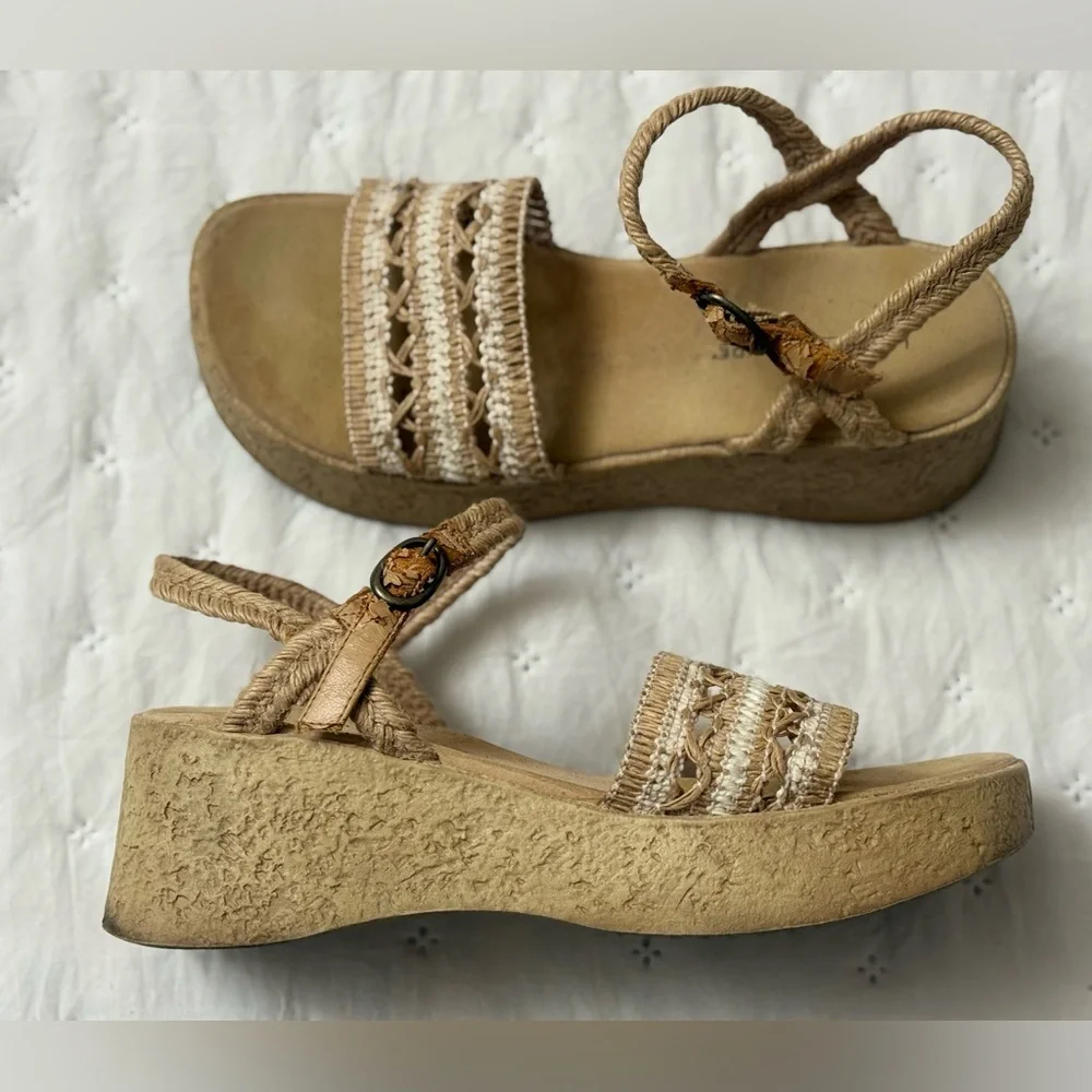Lower East Side Platform Boho Wedge Straw Weaved Sandals Ankle Straps Size 7.5